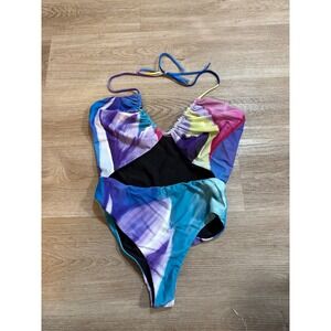 BFYNE Lydia Abstract Print One Piece Swimsuit Halter Neck‎ Cutout Women M
